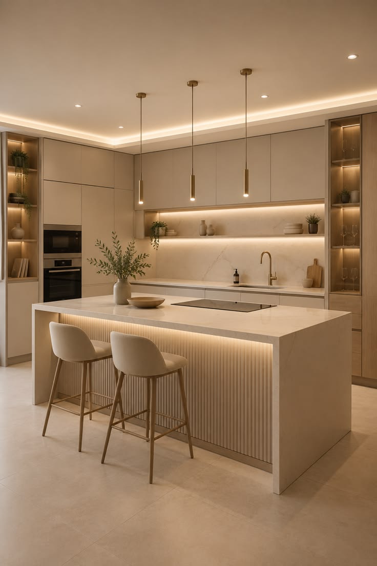 Home cocina moderna en tonos beige claros con isla central y luces led cálidas