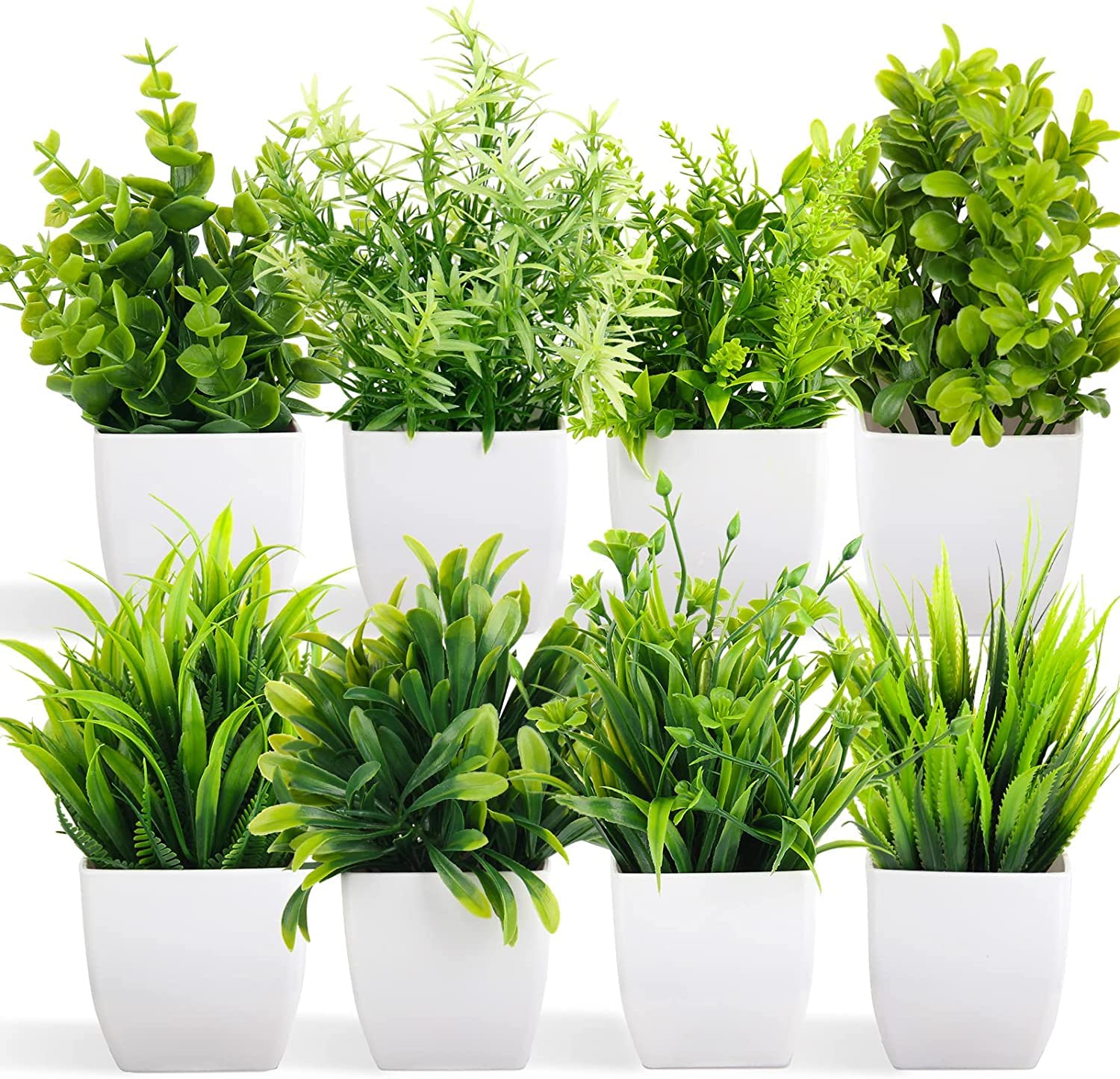 flower vase Dekorly Artificial Potted Plants, Artificial Plastic Eucalyptus Plants Small Indoor Potted Houseplants, Small Faux Plants for Home Decor Bathroom Office Farmhouse (Set 0F 8)